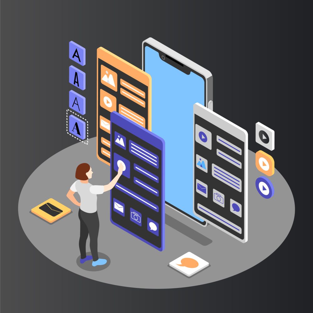 UI and UX Female Designer Female designer working on user interface design of mobile application isometric background 3d vector illustration