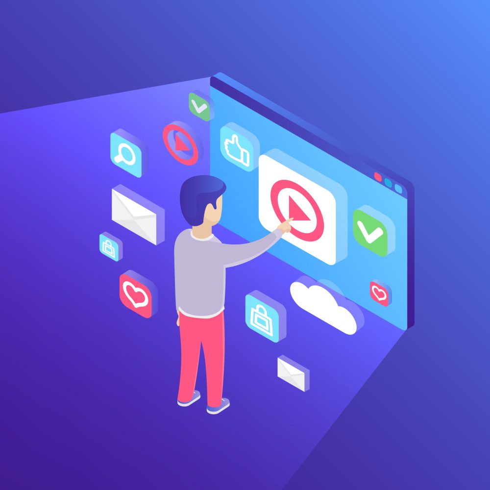 Man touching big screen isometric vector illustration Man touching big screen isometric vector illustration. Virtual interface. Technology, cyberspace and innovation concept. Infographic with purple background.